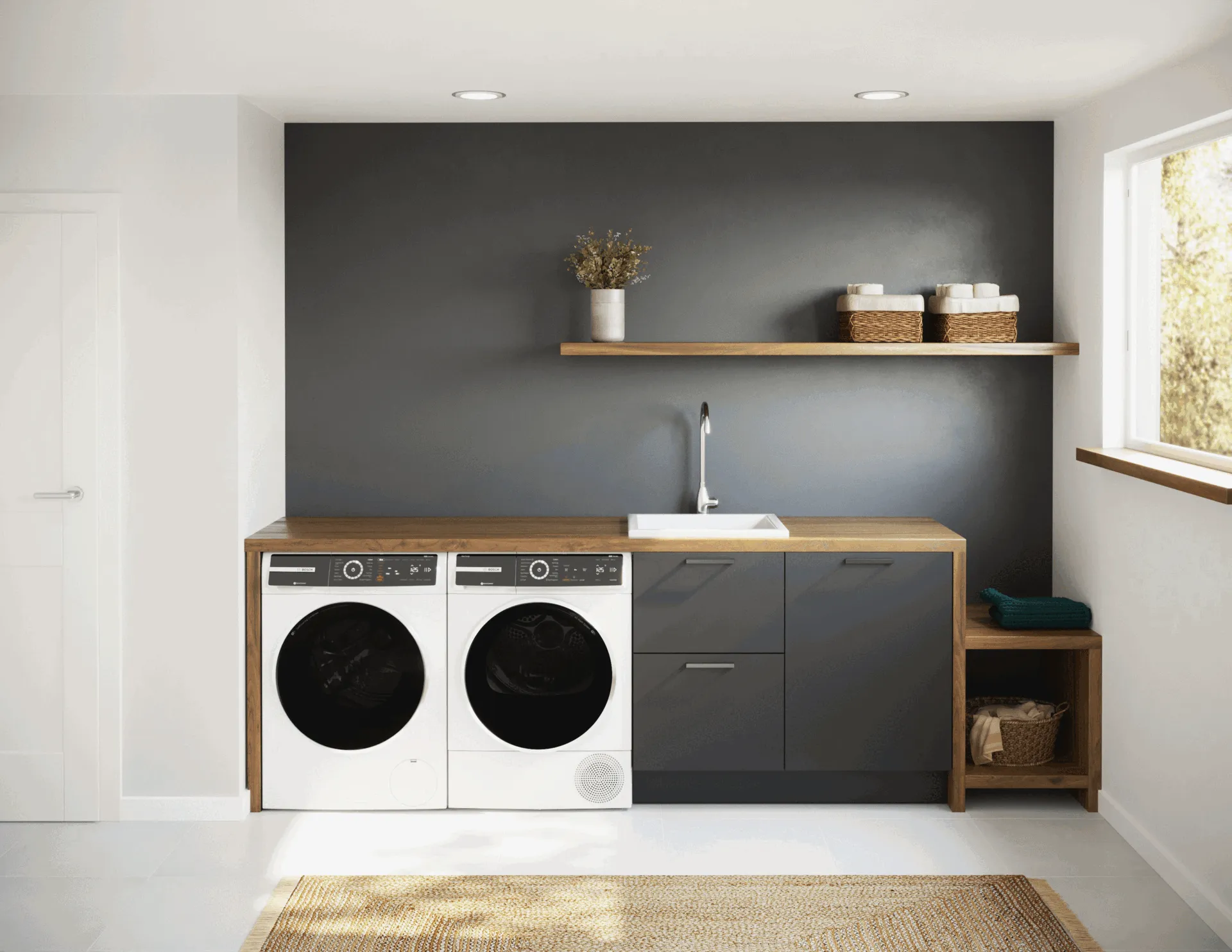 Bosch 500 Series Laundry cycling through configurations of how to place machines