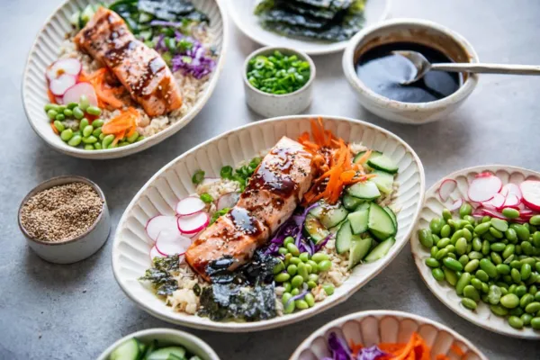 Air fryer salmon teriyaki bowls