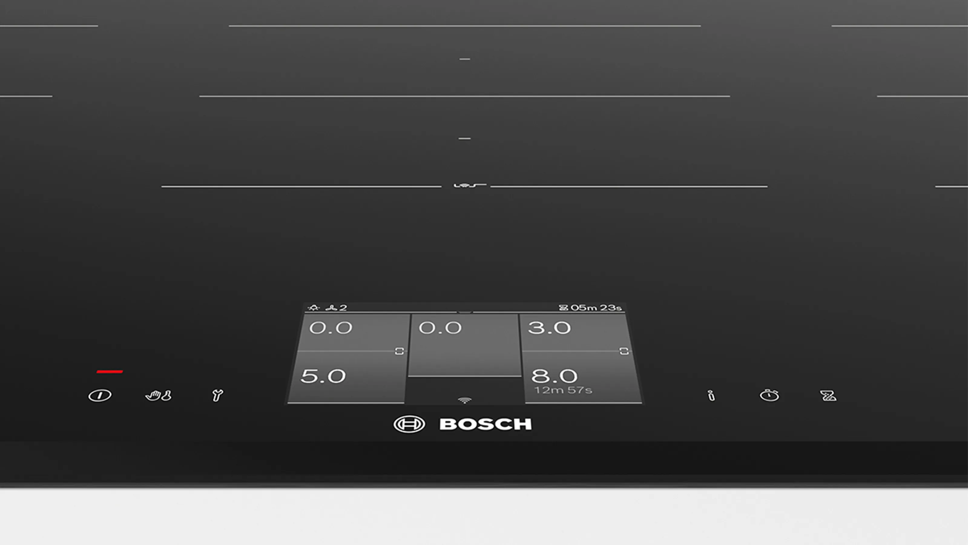 A Bosch electric hob featuring a TFT touchscreen display for control.