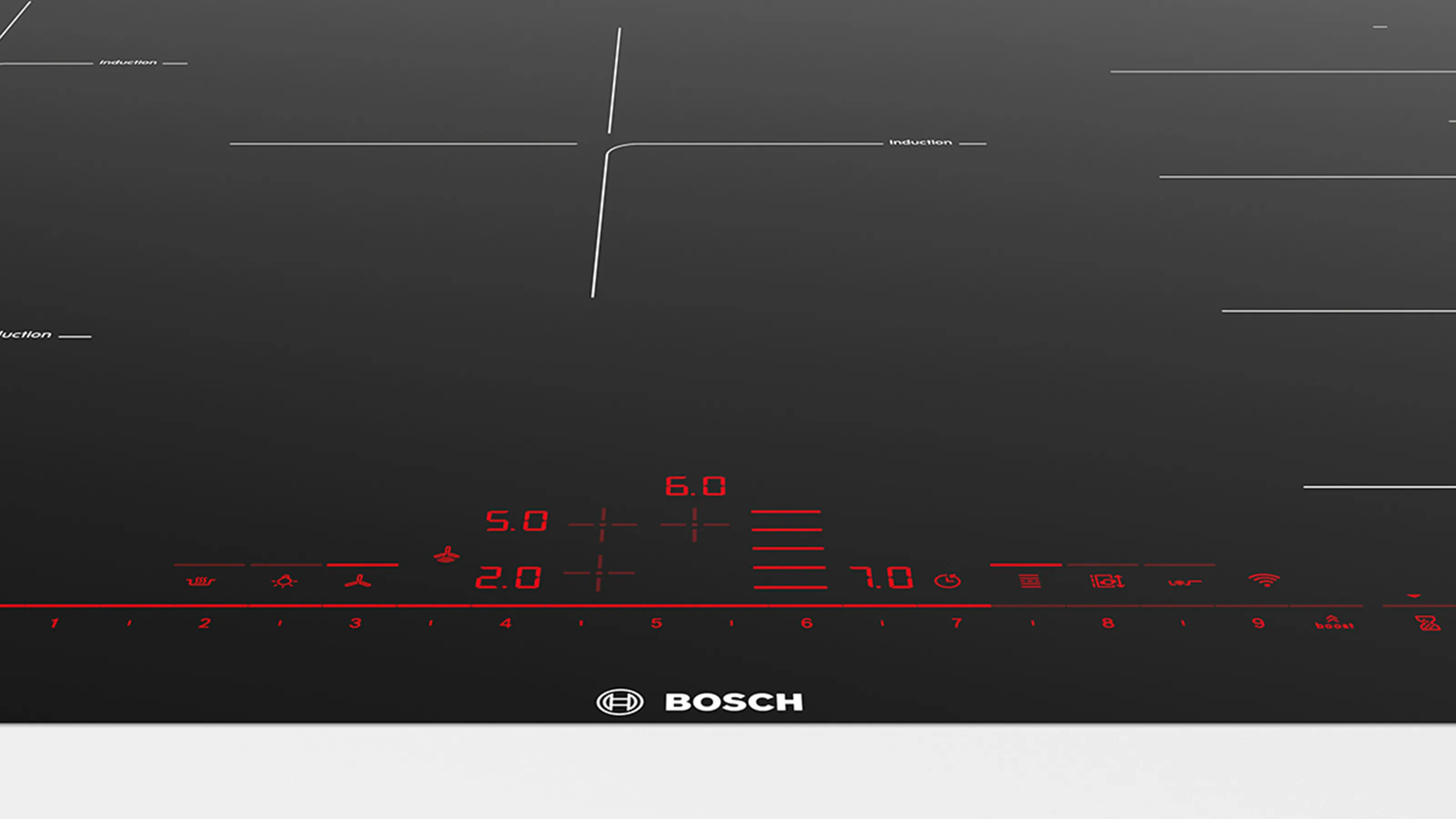 A Bosch electric hob featuring a premium touch control display.