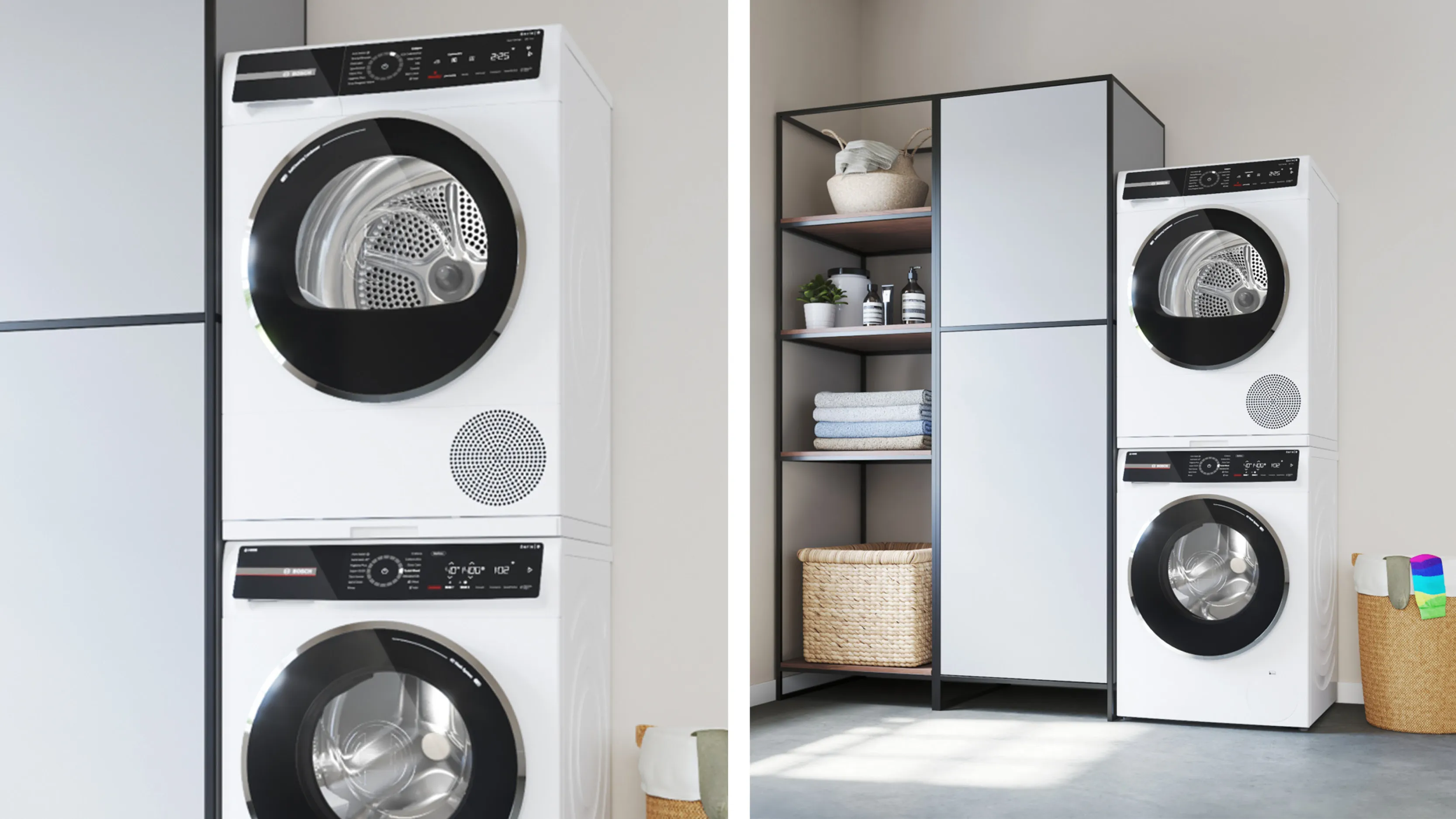 Stacked washing machines in utility room