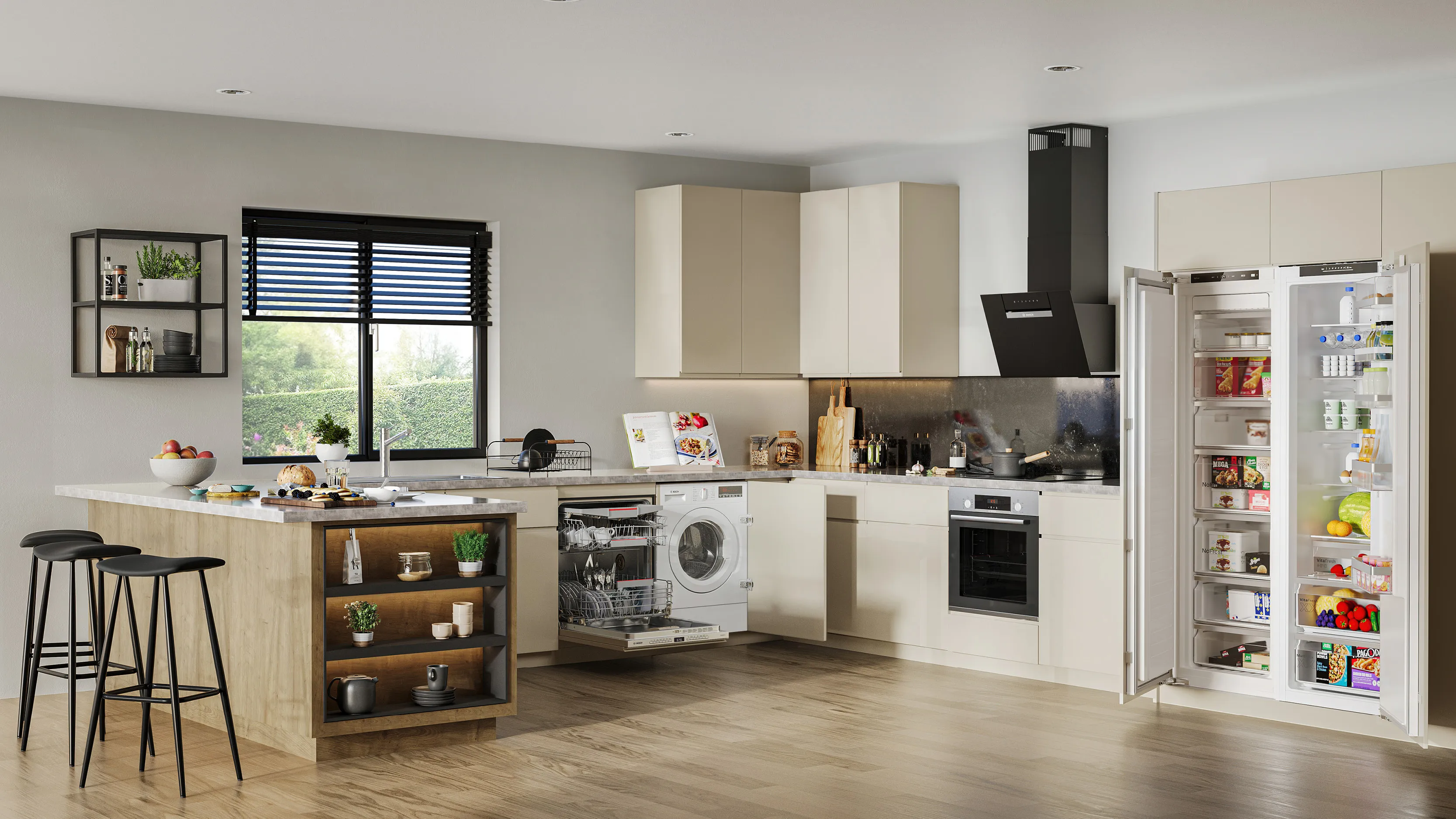 Modern family kitchen with Bosch appliances and open fridge freezer