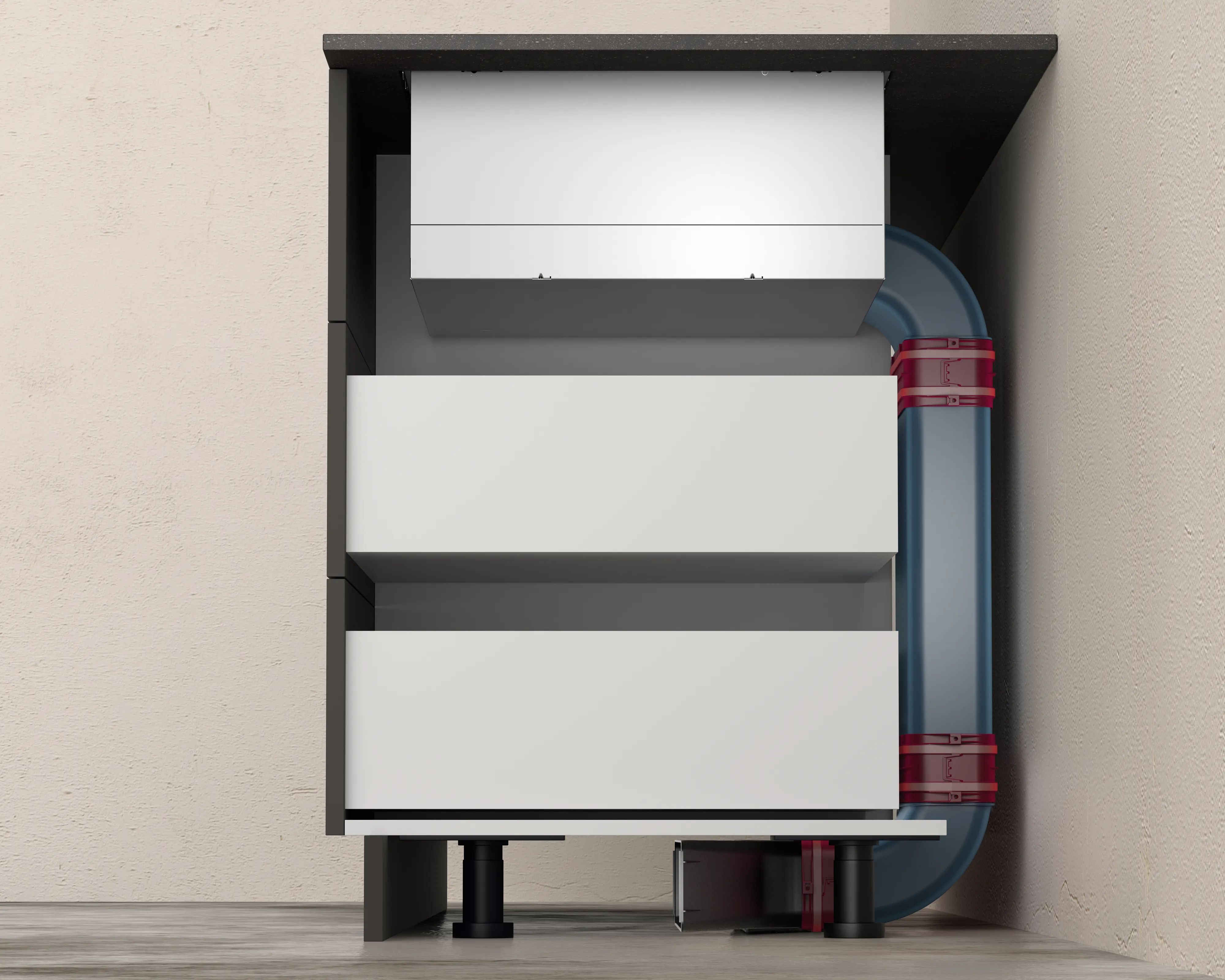 Dunstabzug nach unten mit teilgeführter Umluft