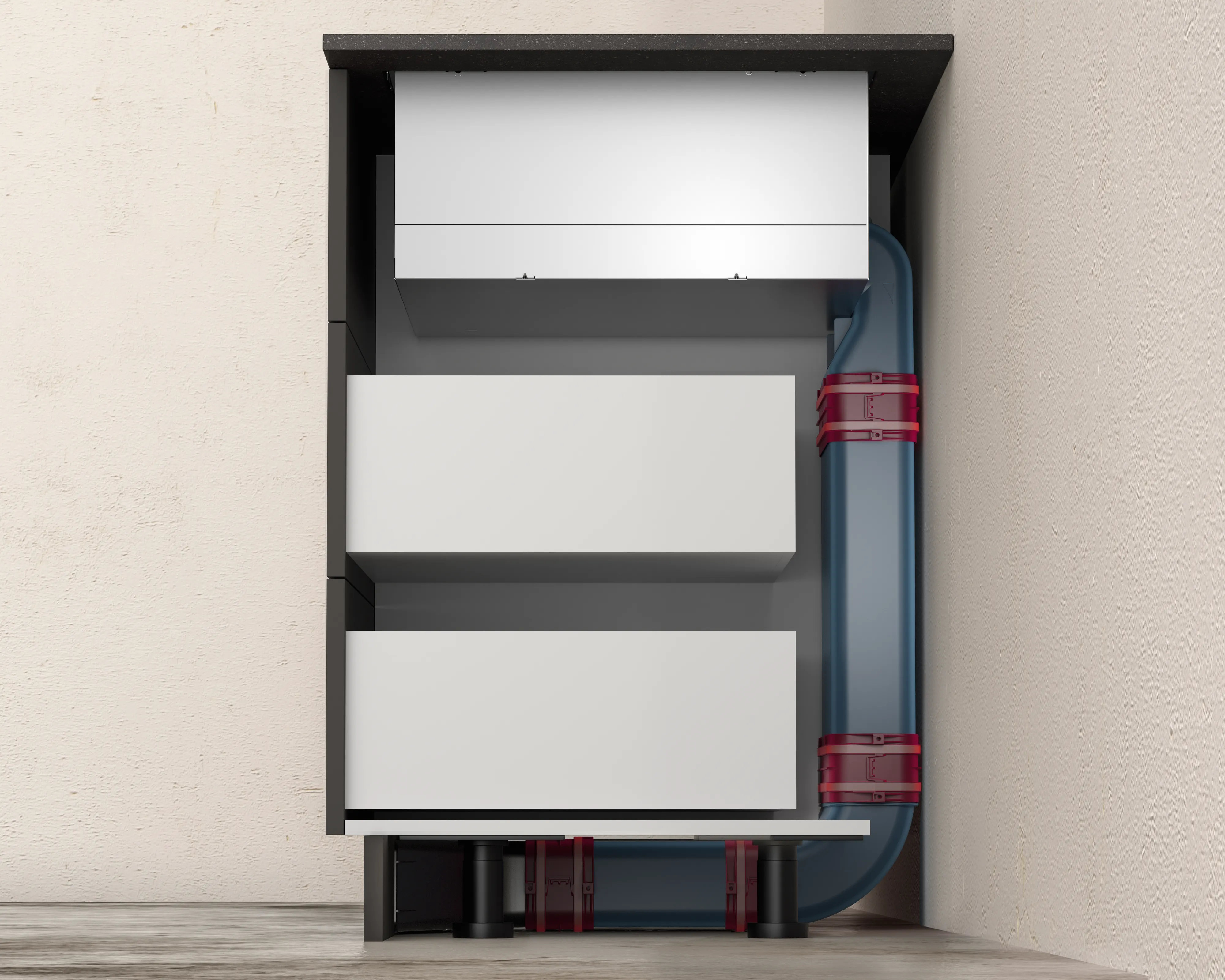 Dunstabzug nach unten mit vollgeführter Umluft