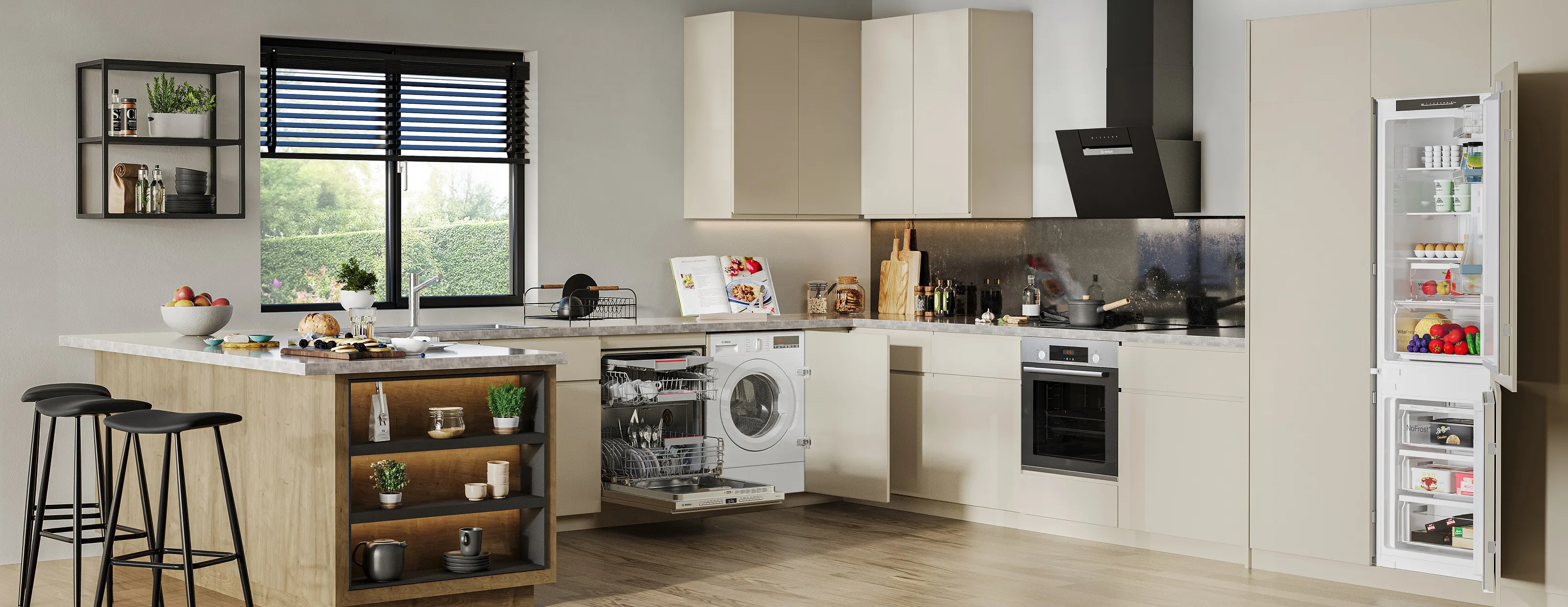 Modern kitchen with appliances, wooden countertop, tablet, and dining area.