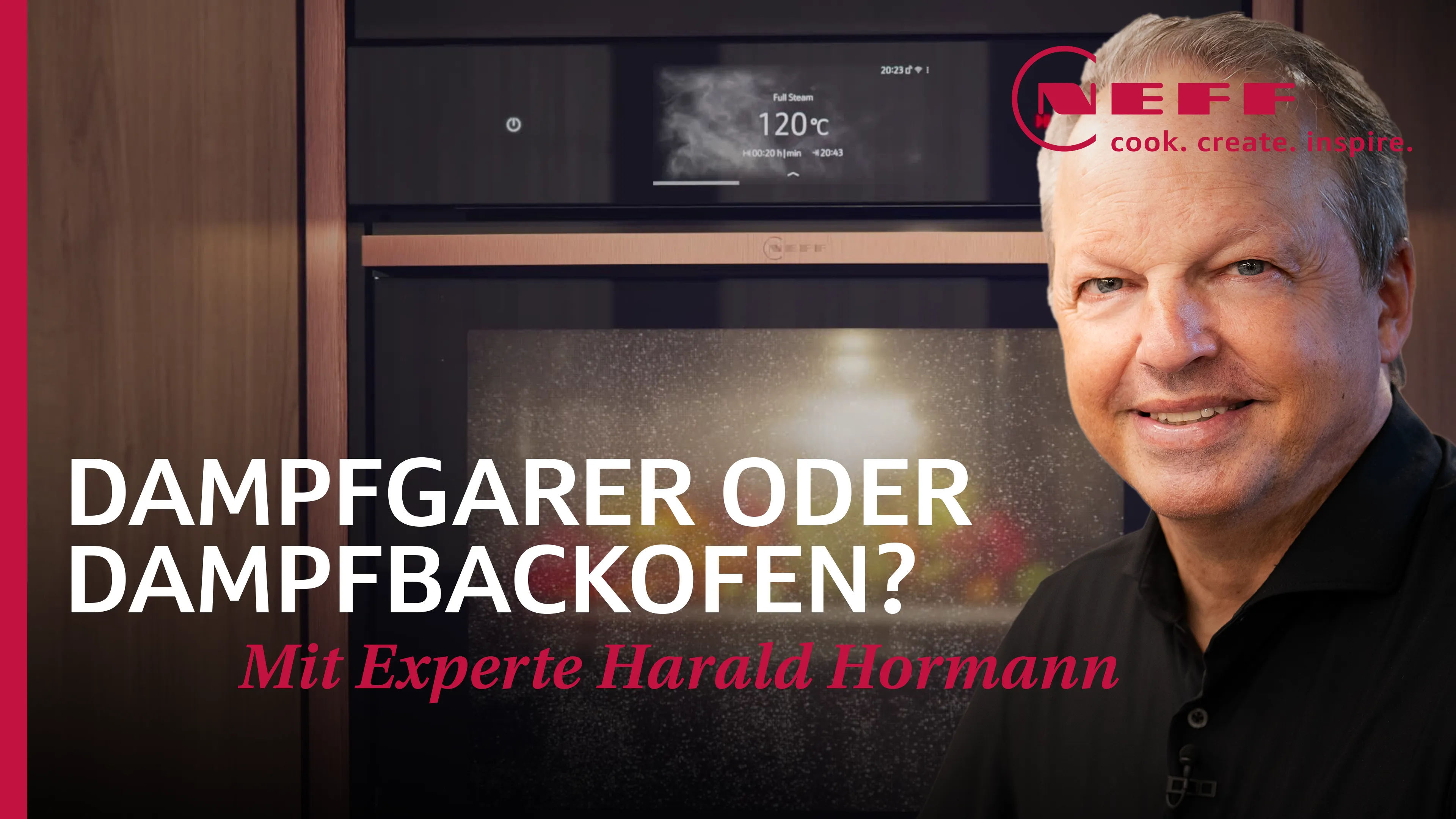 Das Bild zeigt einen lächelnden Mann in einer Kochuniform, die vor einem Küchengerät steht, mit Text, der eine Kochshow oder ein Segment fördert.