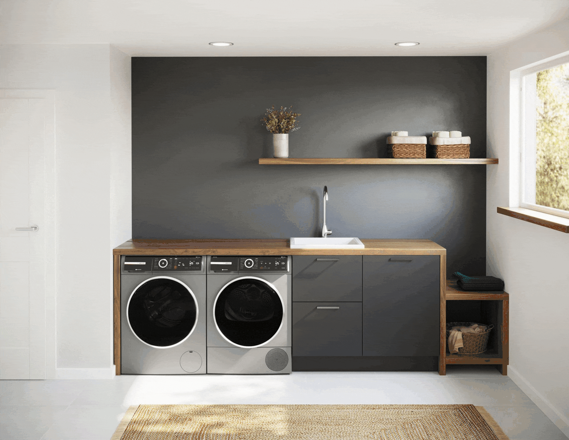 Bosch 800 Series Laundry cycling through configurations of how to place machines