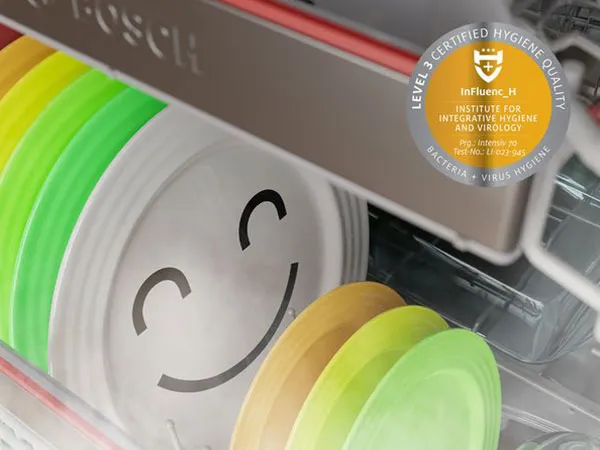 Bosch fully integrated open dishwasher with top-mounted control panel, adjustable racks, and advanced cleaning features.