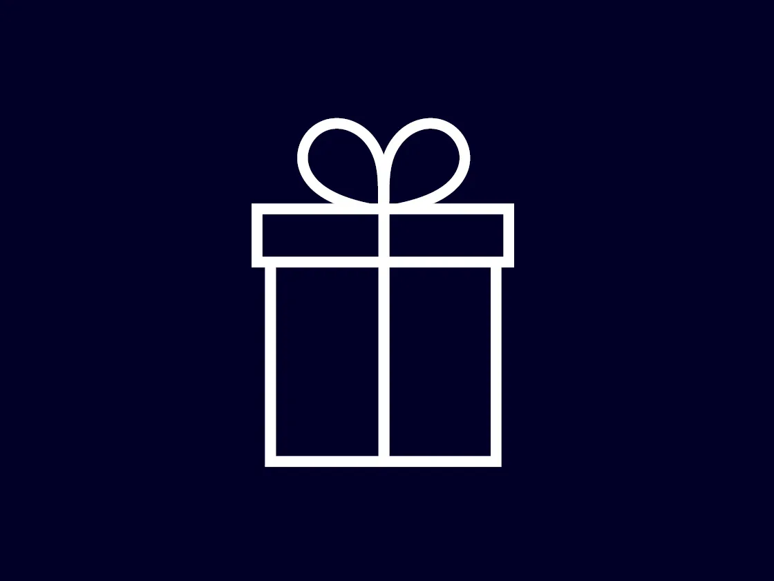 Dark background and white icon outlining a wrapped present and bow symbol