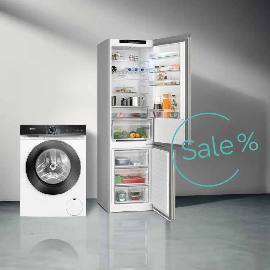 Produkt-Range Siemens Hausgeräte mit einem Prozente-Zeichen Störer