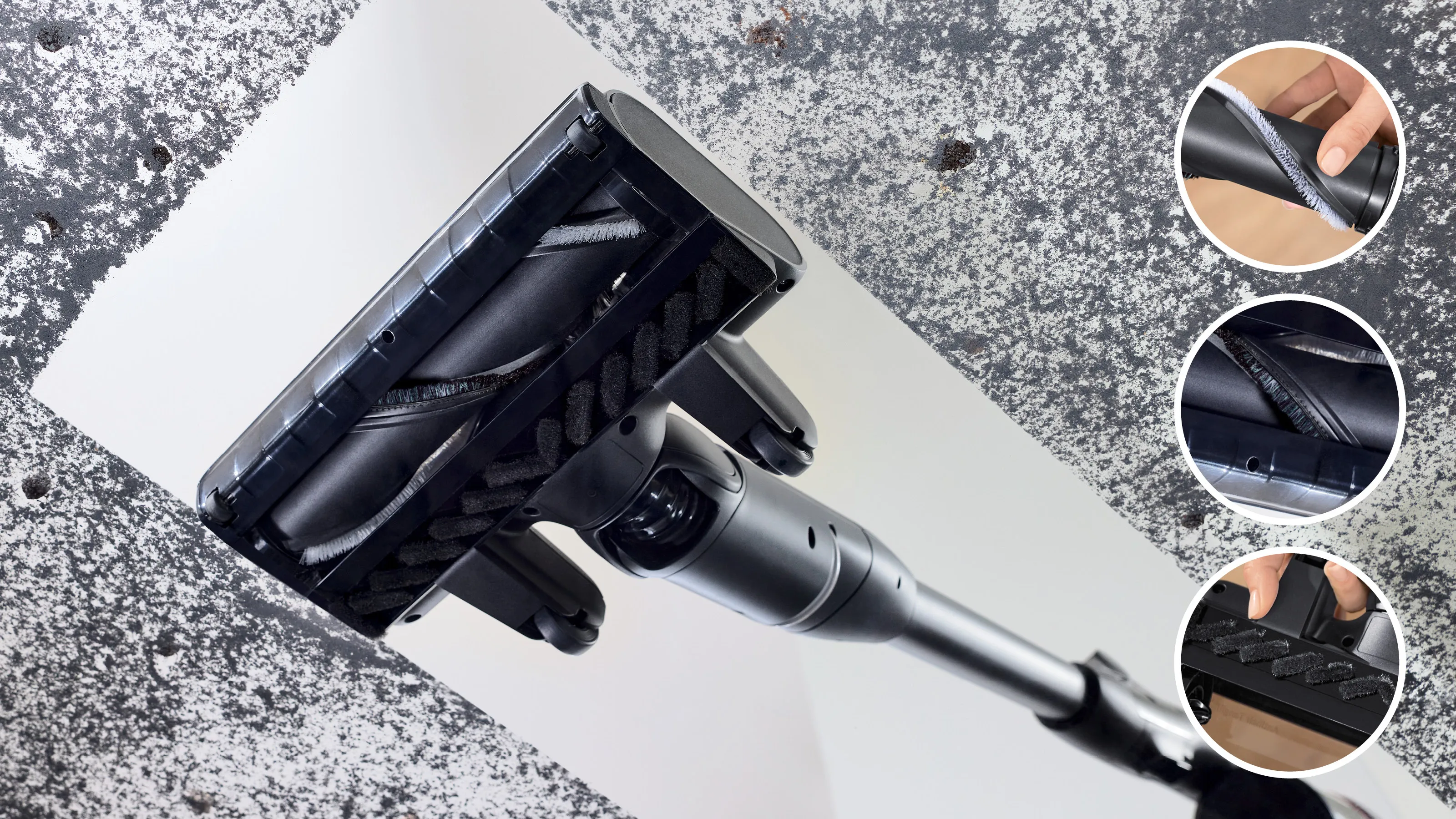 The vacuum cleaner brush from below with details of the bristle roller.