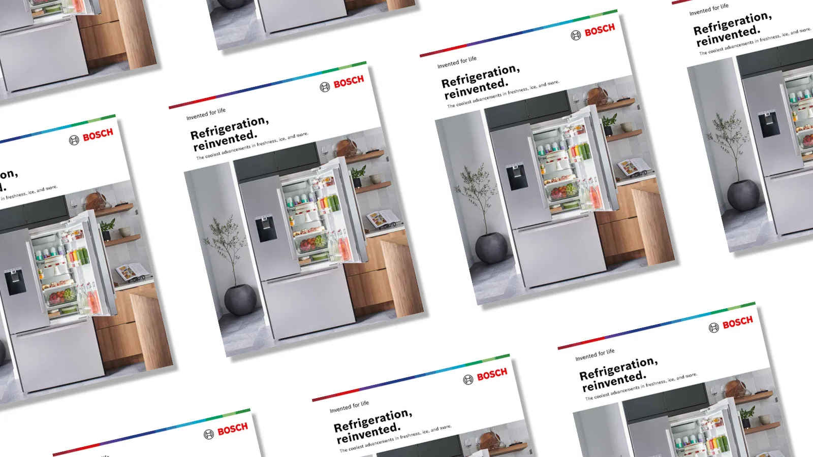 Bosch refrigerator Brochure with open door showing organized groceries in a modern kitchen setting.