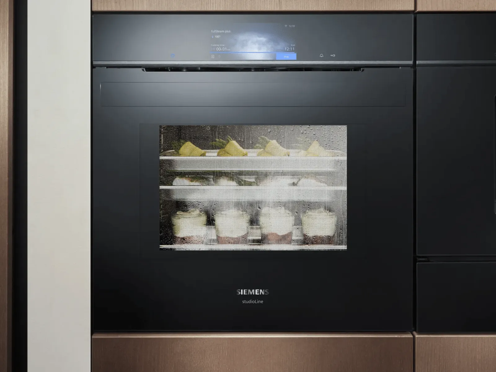A close-up of a person's hand using a finger to select the "Individual Browning" option on the digital color touchscreen of a modern black Siemens oven.