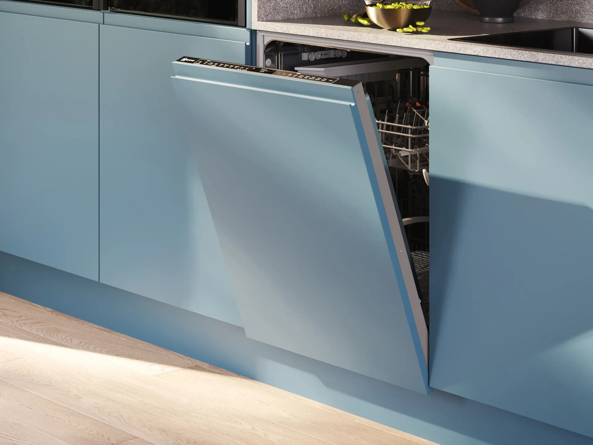 Built in dishwasher to kitchen cabinet with door partially open