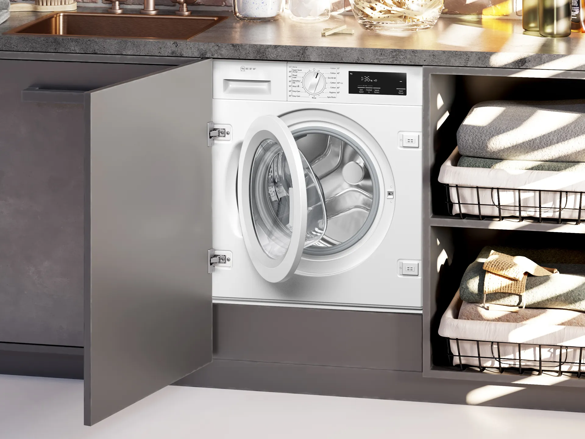 Built in washer dryer in kitchen cabinet
