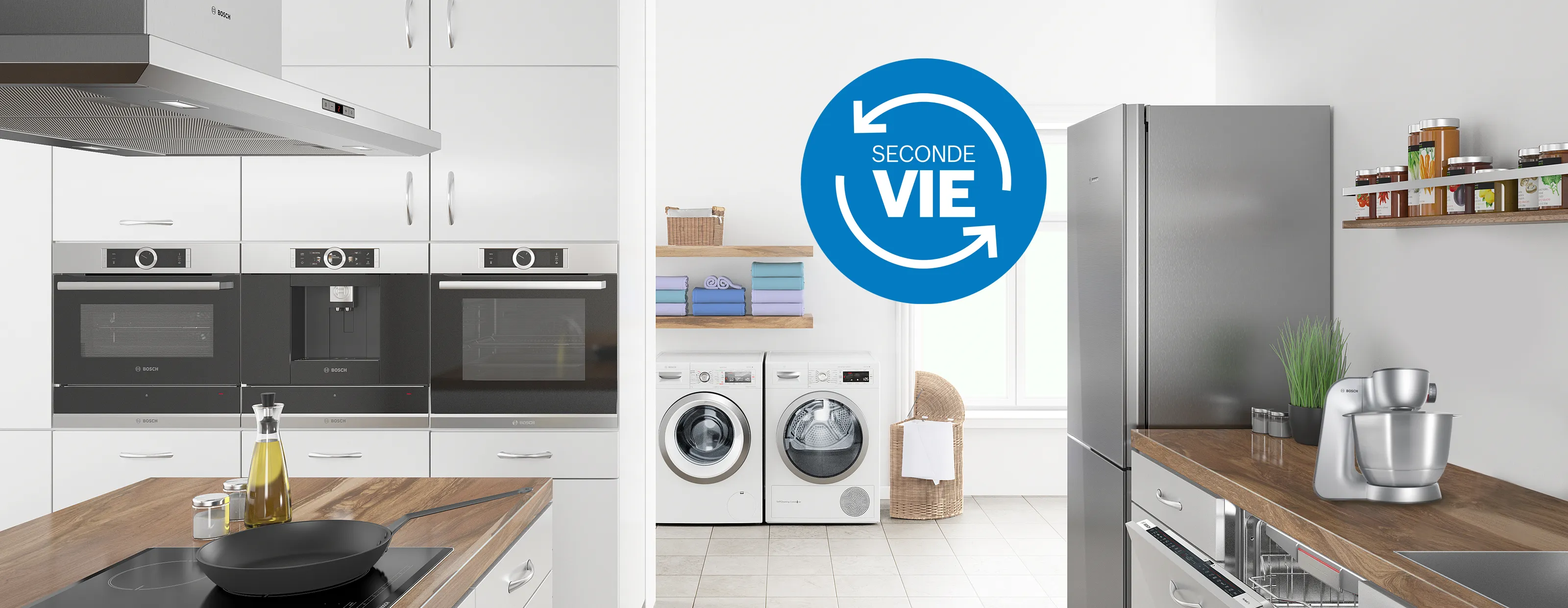 Cuisine moderne avec électroménagers intégrés et espace buanderie avec lave-linge et sèche-linge