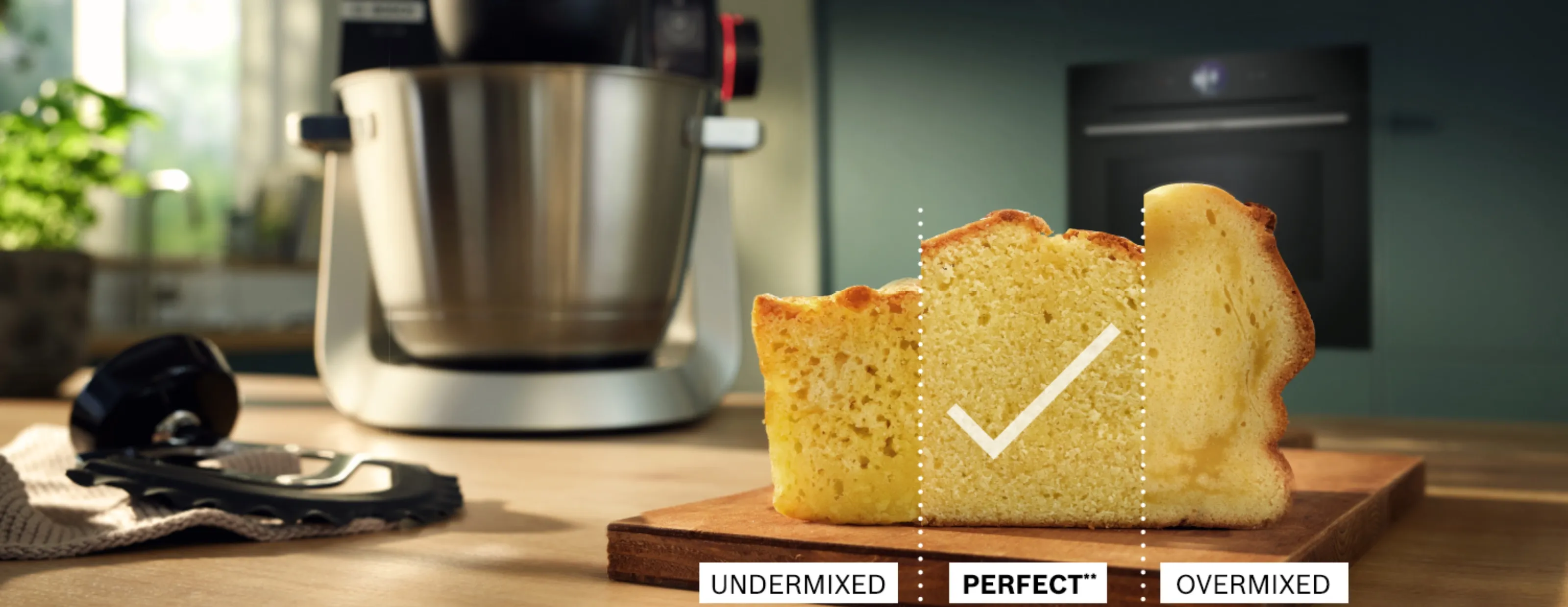 A halved loaf shows the texture contrast between undermixed, perfectly mixed, and overmixed bread.