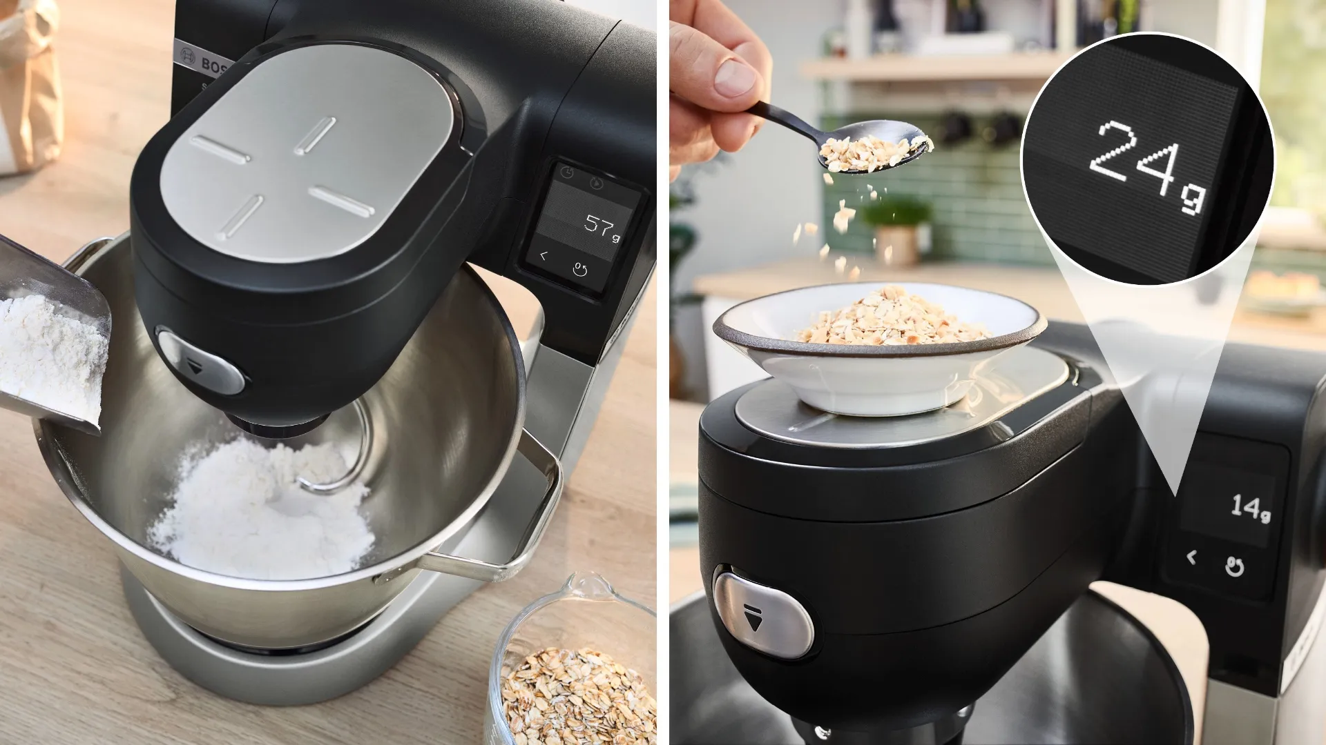 The image shows a Bosch mixer, with one side measuring ingredients in its bowl and the other weighing oats in a dish, highlighting the readings of 57 g and 24 g on the screen.
