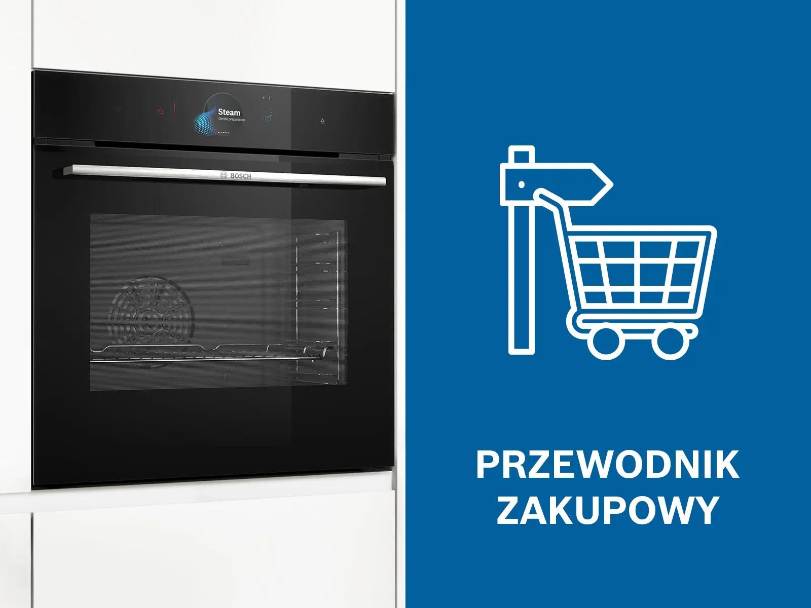 Czarny piekarnik Bosch do zabudowy obok niebieskiej ikony drogowskazu z koszykiem i napisu „Przewodnik zakupowy”.