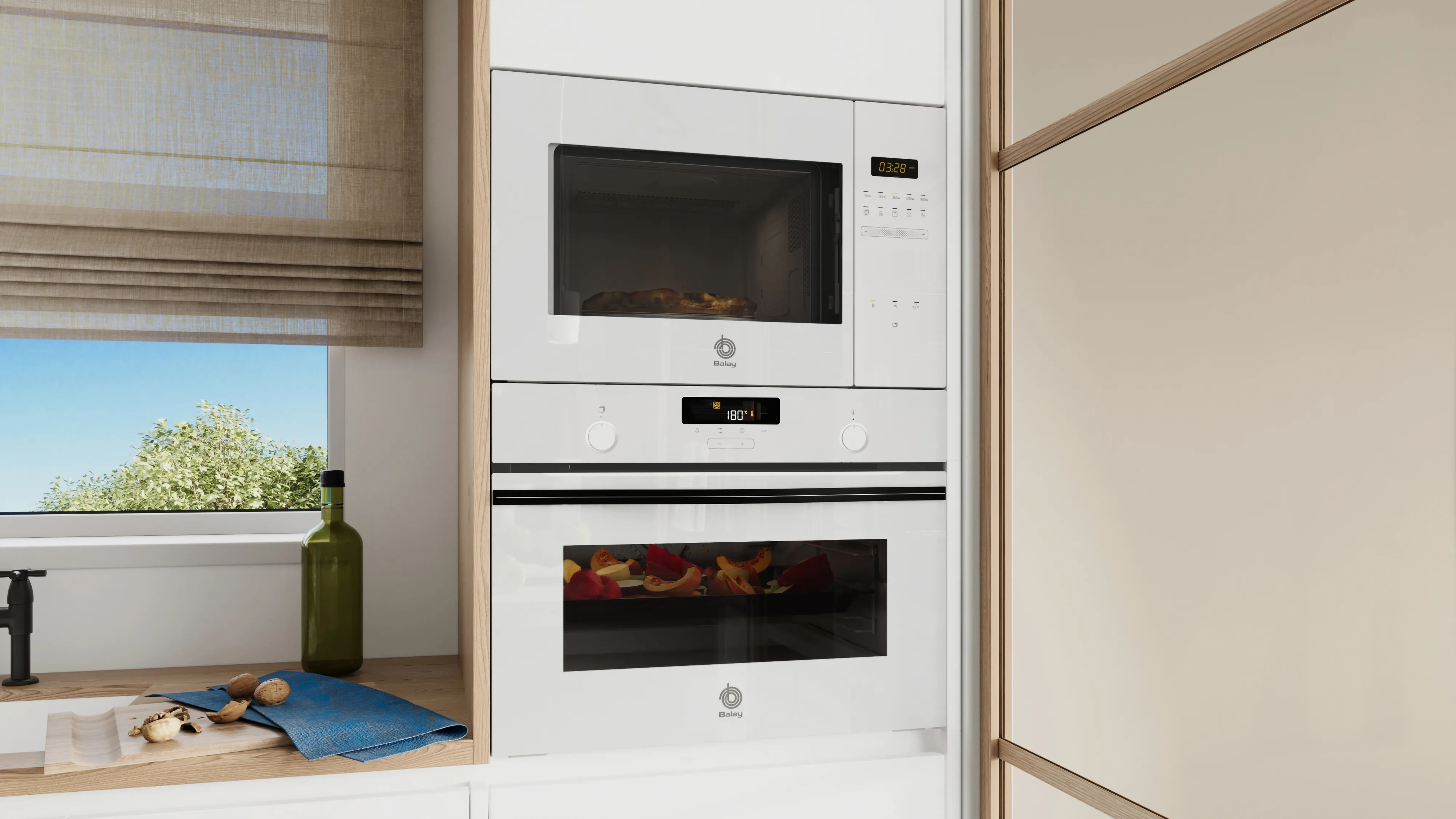 Horno compacto Serie Cristal blanco Balay con microondas integrado.
