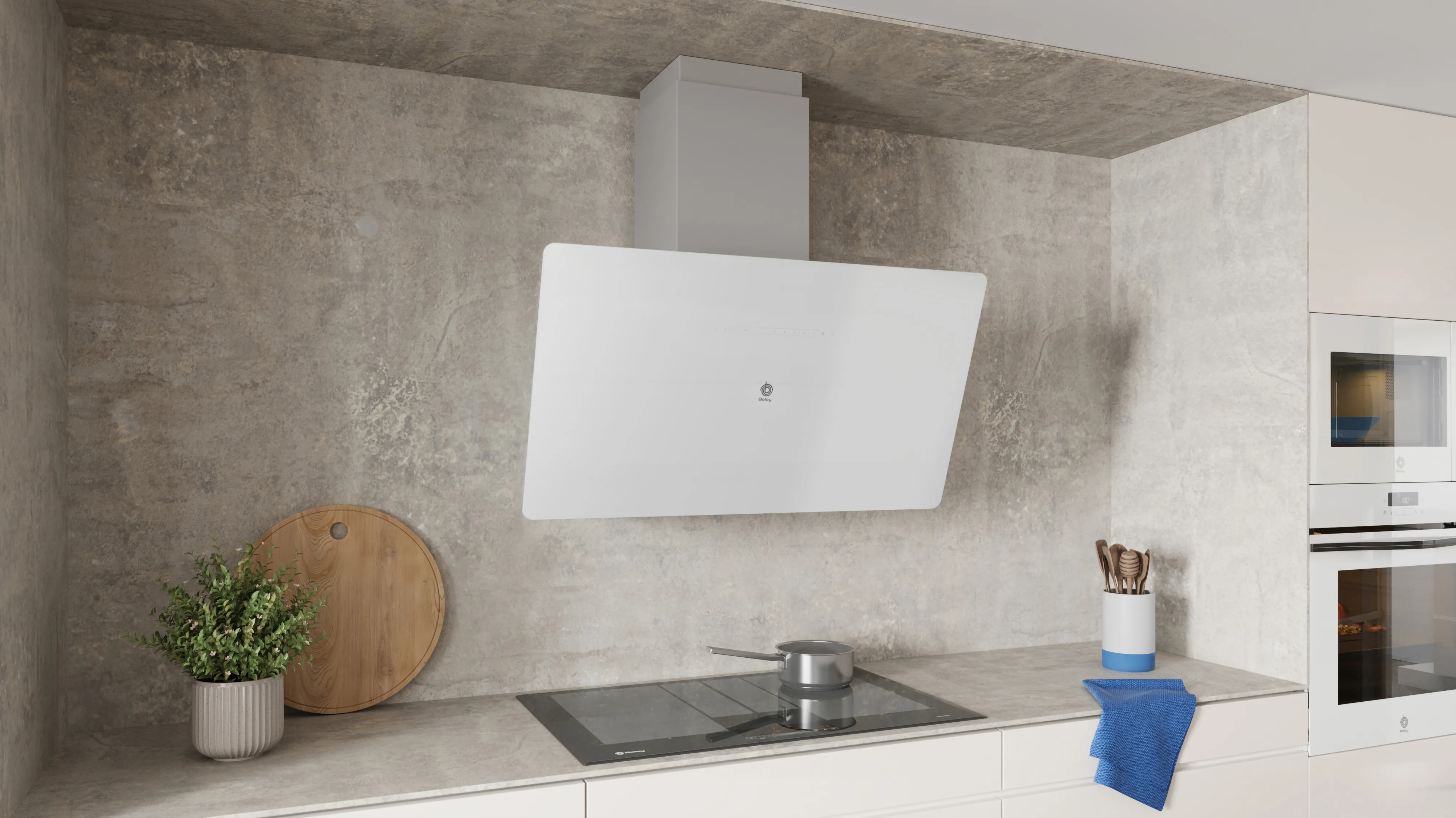 Plano frontal de cocina con placa antracita y campana inclinada blanca