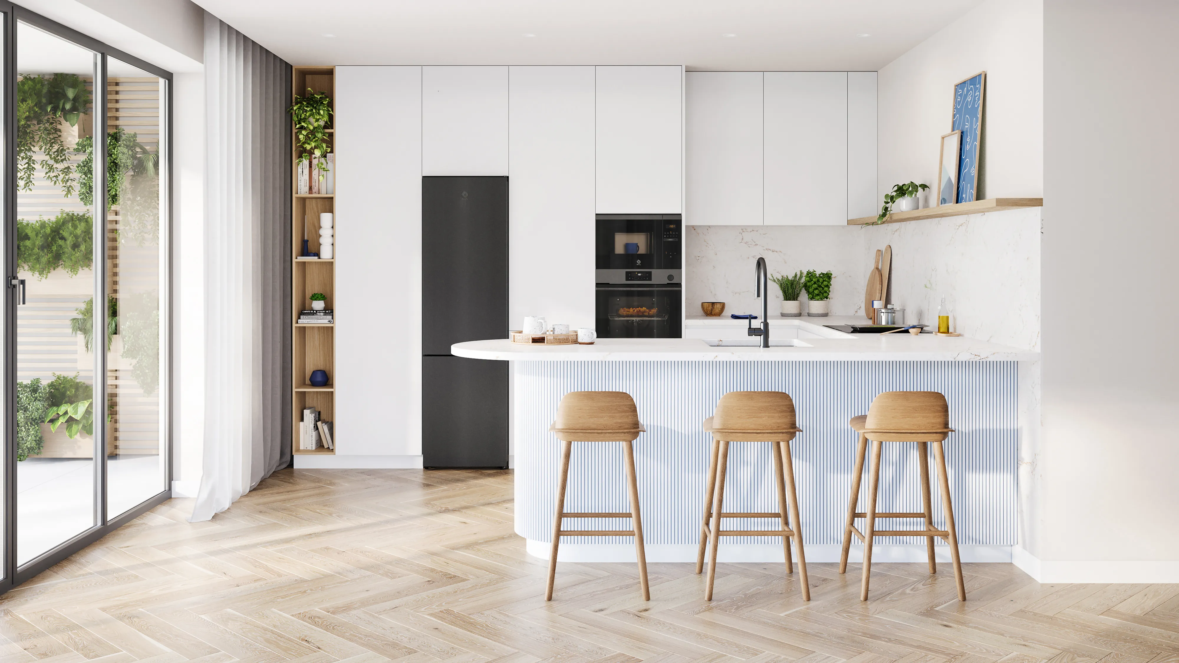 Cocina con península, decoración en madera y electrodomésticos en Serie Grafito Balay.