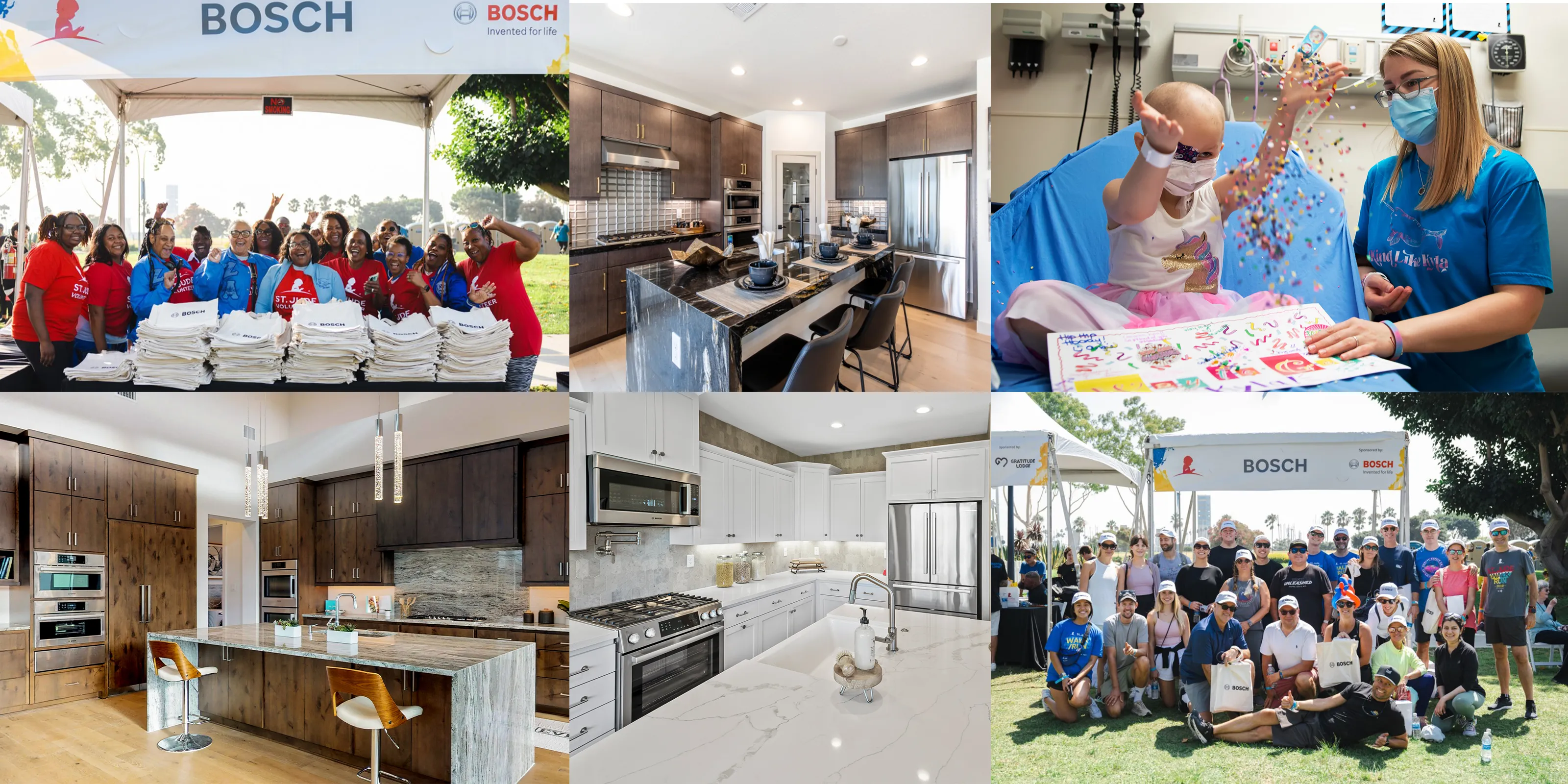 Collage of Bosch events and modern kitchens with brown and white cabinets and sleek appliances.