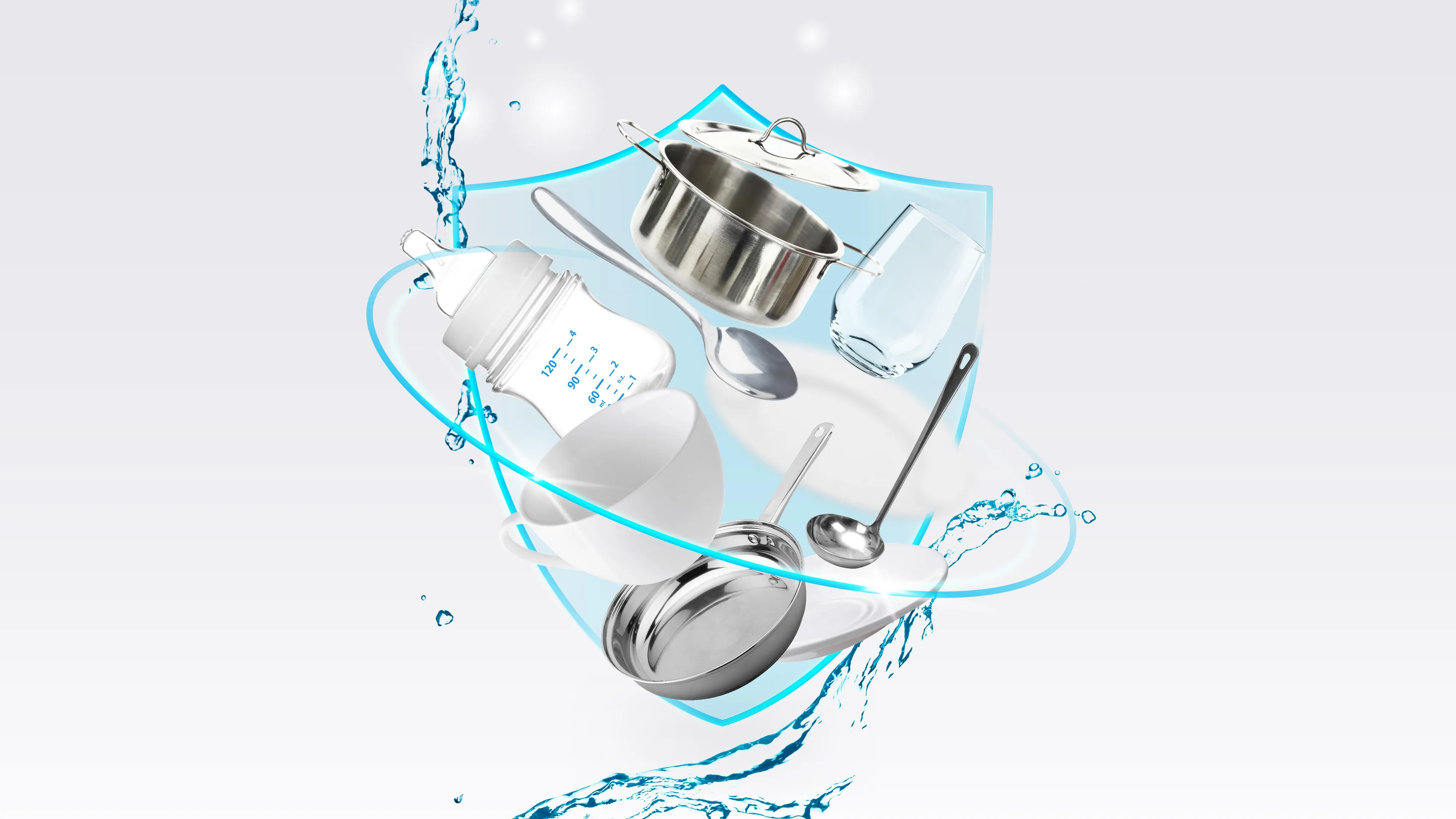 Various kitchen items including a pot, spoon, glass, baby bottle, bowl, ladle, and pan are surrounded by a blue shield and splashing water, against a light background.