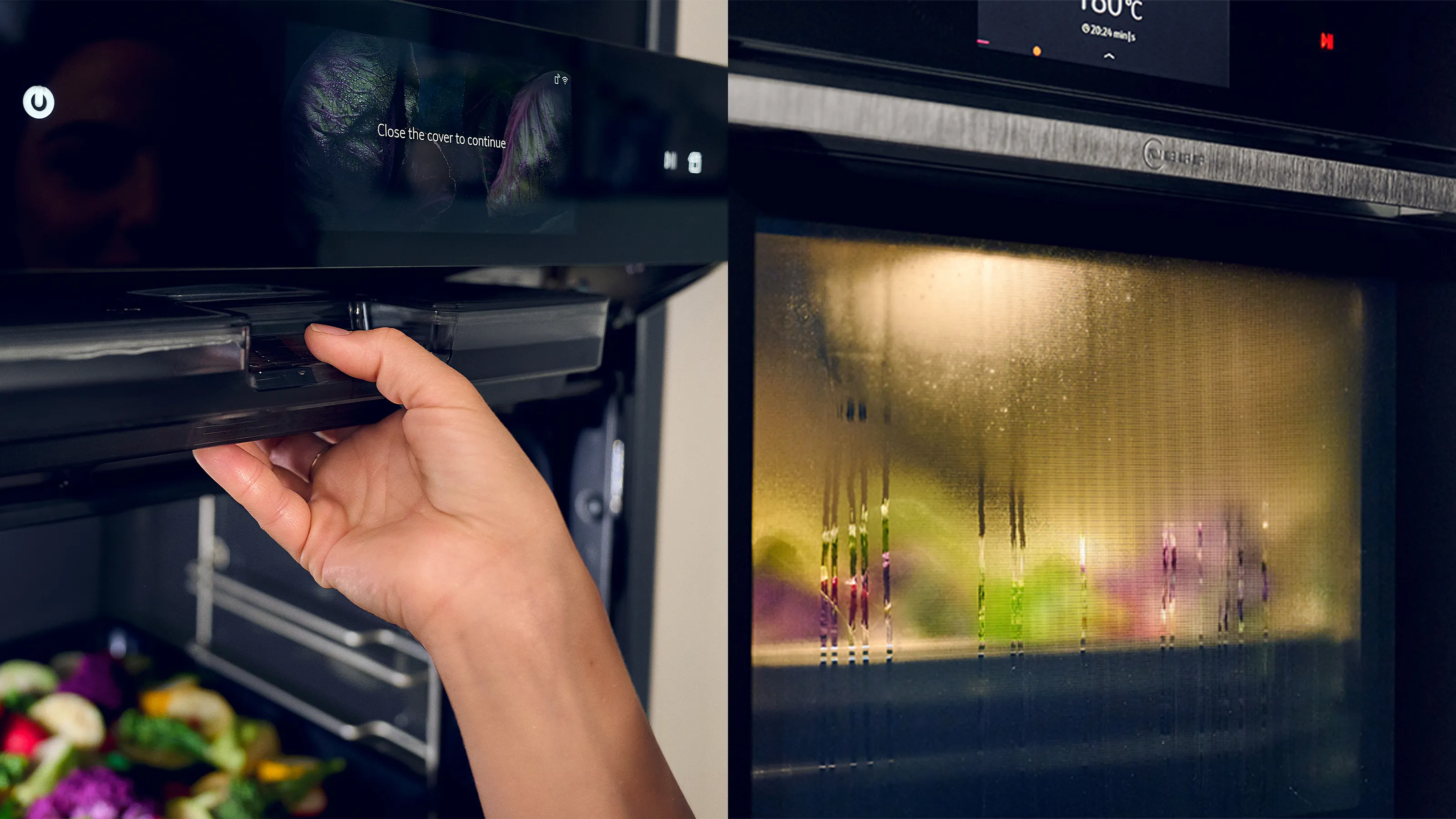 Hand opening oven door, revealing colorful blurred lights inside.