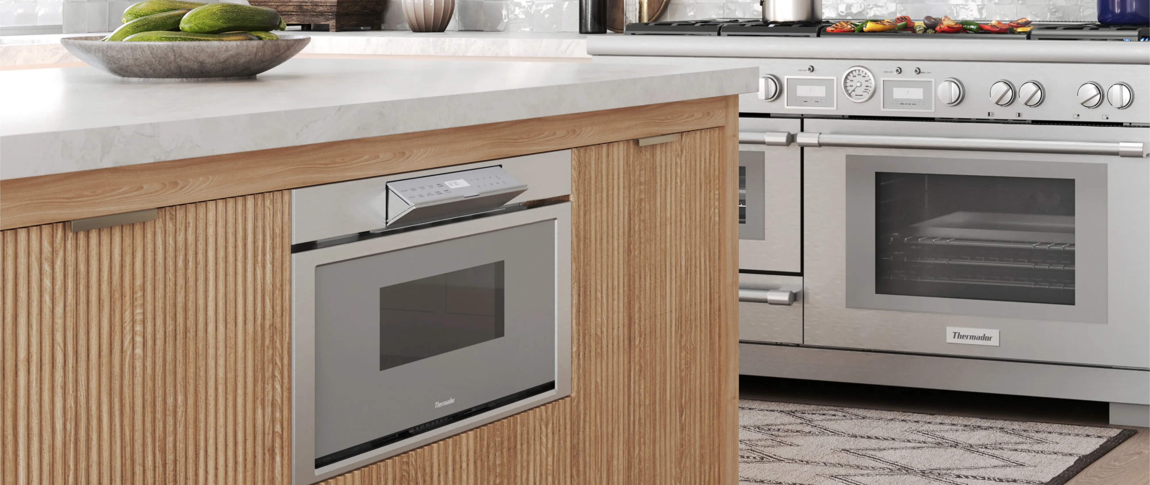 Thermador microwave drawer MD30BS with Opened Display on a Kitchen