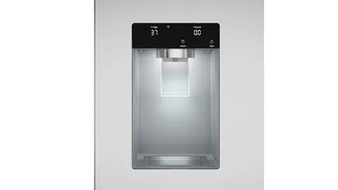 Bosch Stainless steel refrigerator with built-in water dispenser and digital temperature controls.