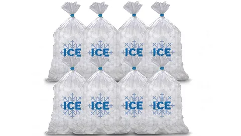 Bags of ice cubes stacked in rows, clear plastic bags with blue snowflake designs.