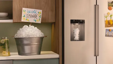 Rustic kitchen with ice-cold lemonade sign, metal bucket of ice, and Bosch refrigerator in background.