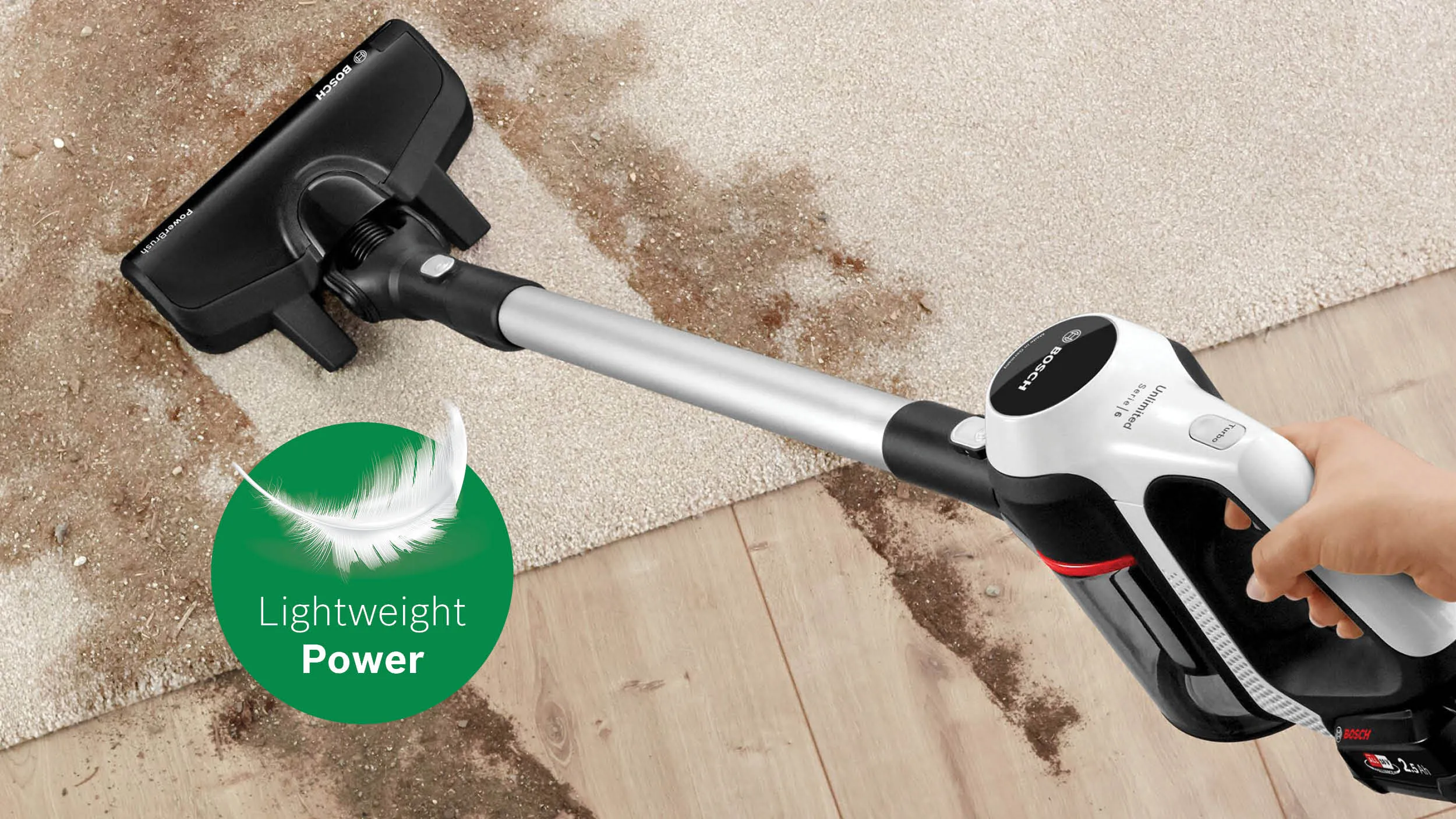 Cordless vacuum cleaner with lightweight power and attachments for cleaning hard floors and carpets.