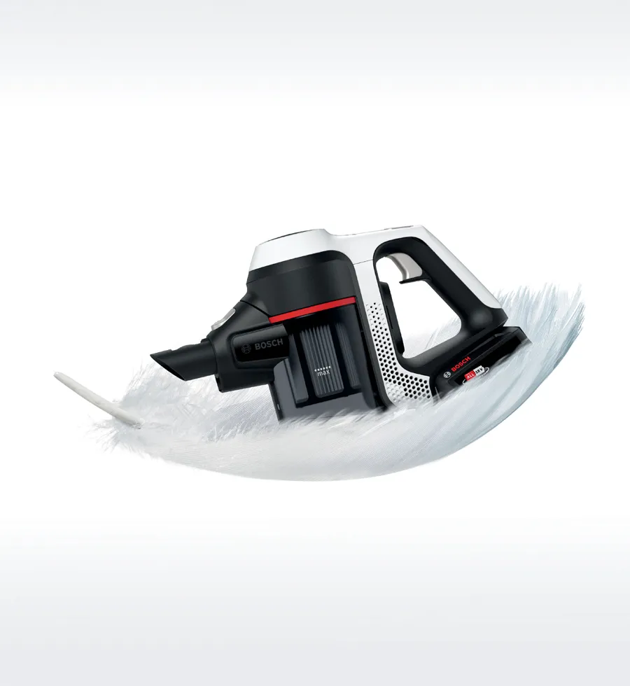 Handheld vacuum cleaner with black and white design, feather-like texture, and Bosch branding.