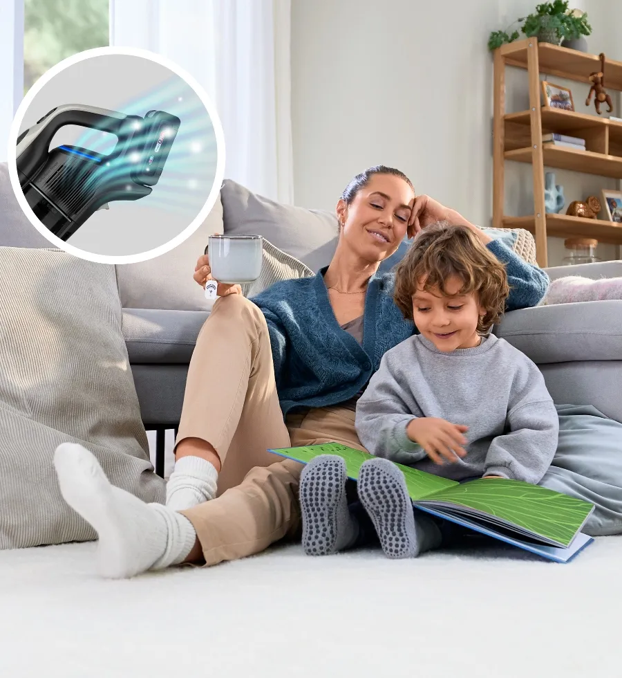 Parent and child sat on clean carpet floor