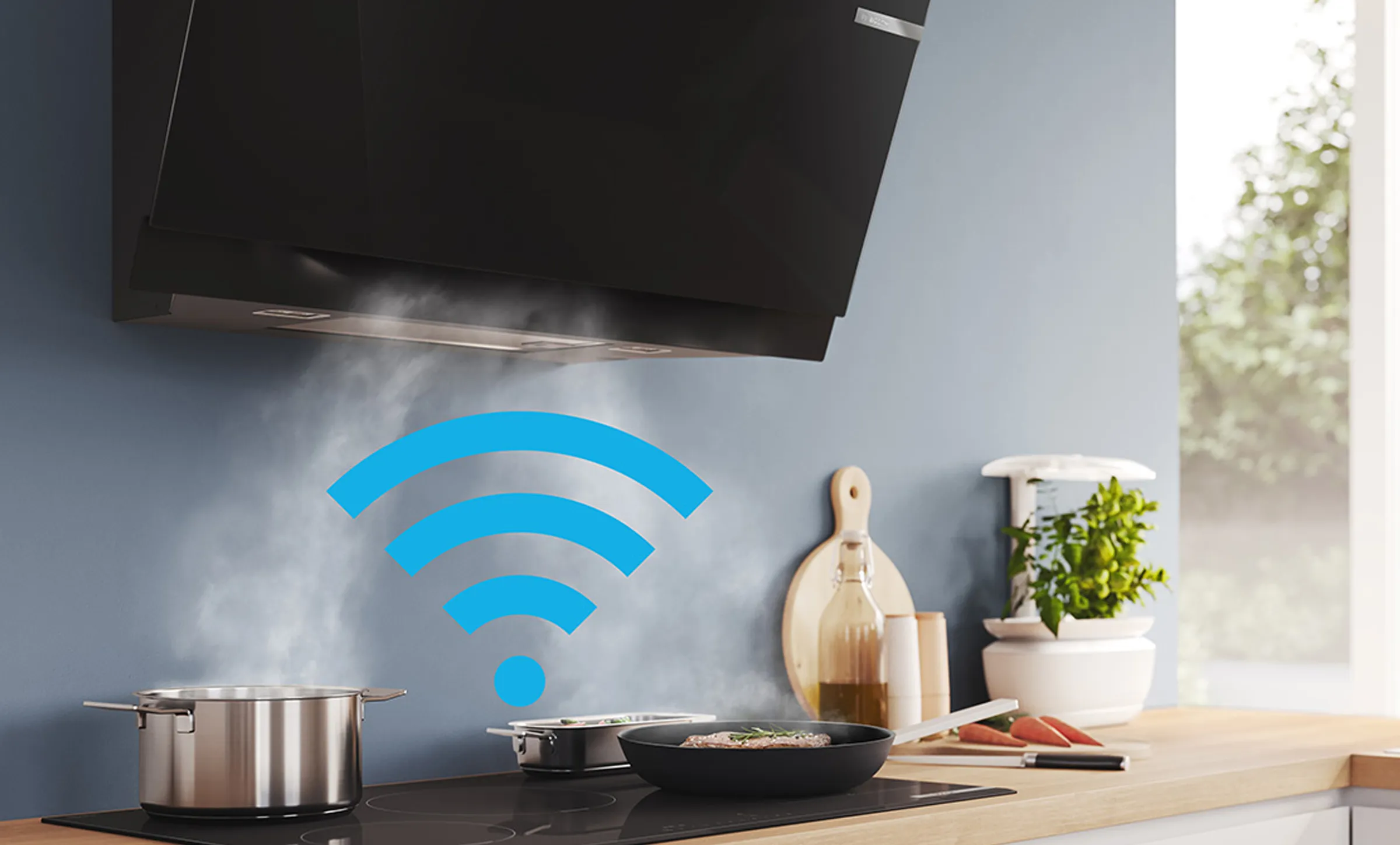 Kitchen counter with cooking pots, cutting board, and Wi-Fi symbol, indicating wireless connectivity.