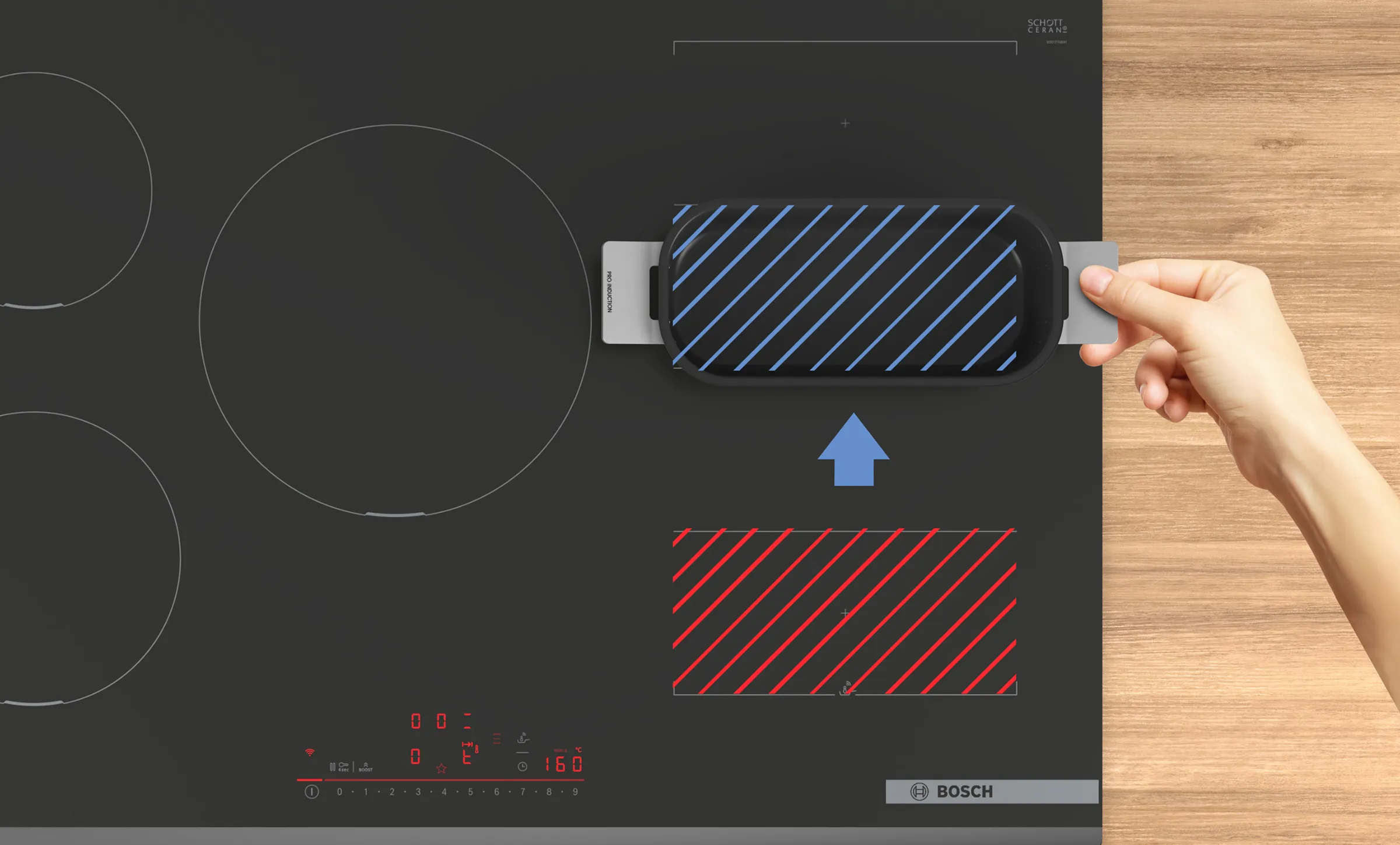 Induction cooktop with hand placing a blue and red striped power bank on the surface.