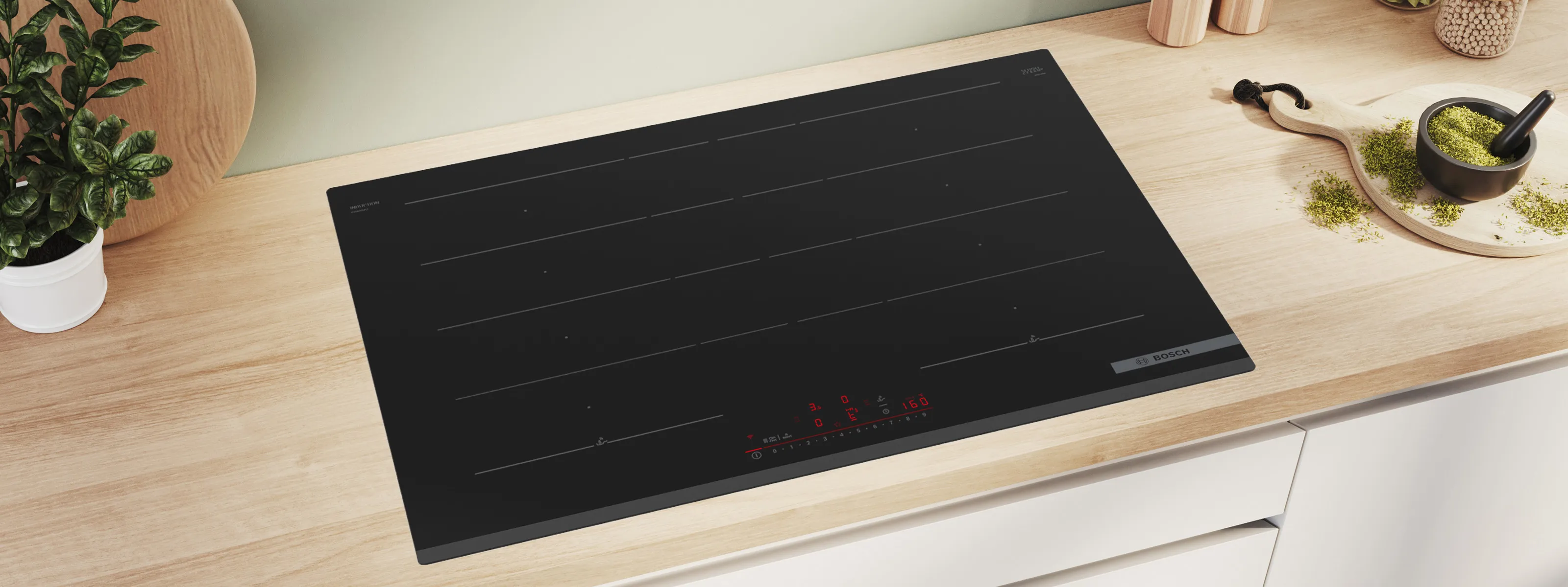 Induction cooktop with black glass surface, kitchen counter, potted plant, and cooking utensils.