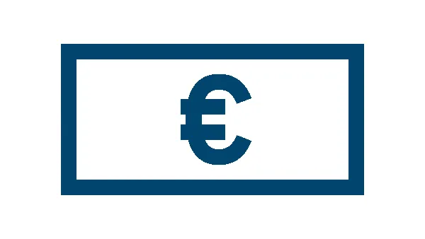 Eine einfache blaue Grafik einer Euro-Banknote mit dem Euro-Symbol (€), das deutlich sichtbar in der Mitte angezeigt wird.