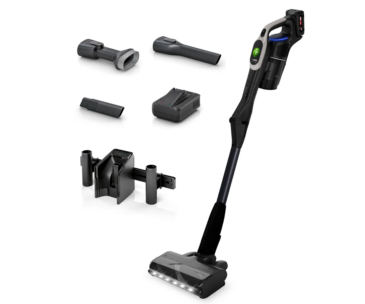 Cordless vacuum cleaner with various attachments and accessories for versatile cleaning.