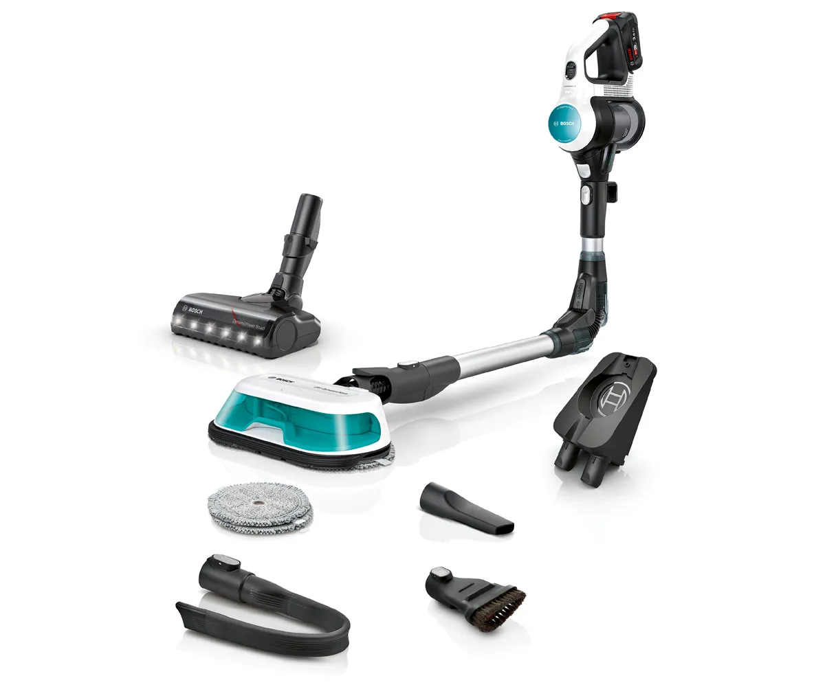 Cordless vacuum cleaner with various attachments and accessories for cleaning different surfaces.