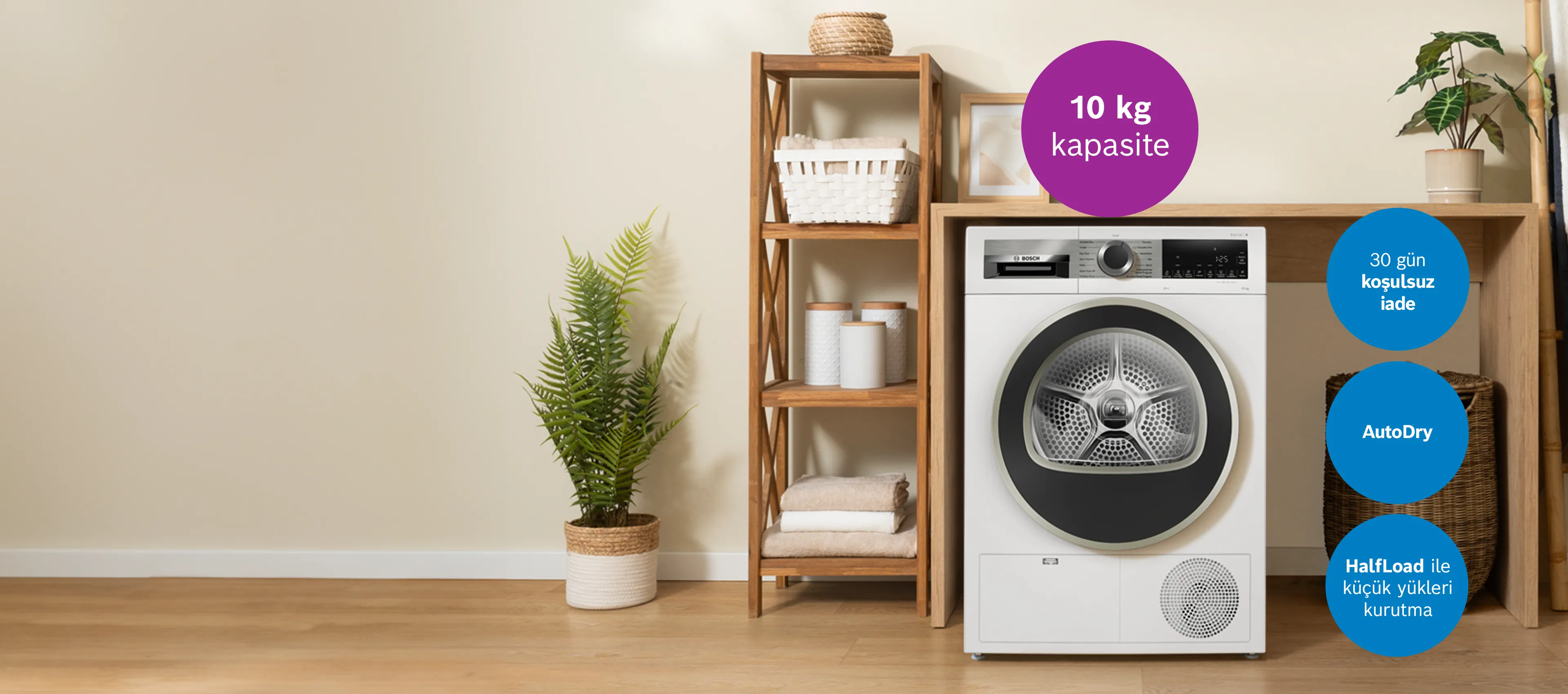Bosch washer and dryer in a white laundry room.