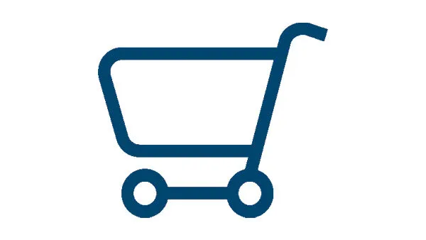 Einfache blaue Umrisse eines Einkaufswagens mit zwei runden Rädern und einem nach oben gerichteten Griff, der Online- oder Einzelhandelseinkäufe symbolisiert.