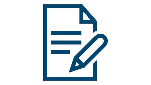 Eine einfache Grafik, die ein Blatt Papier mit Linien für Text und einen Bleistift darstellt und das Schreiben oder Notizenmachen symbolisiert.