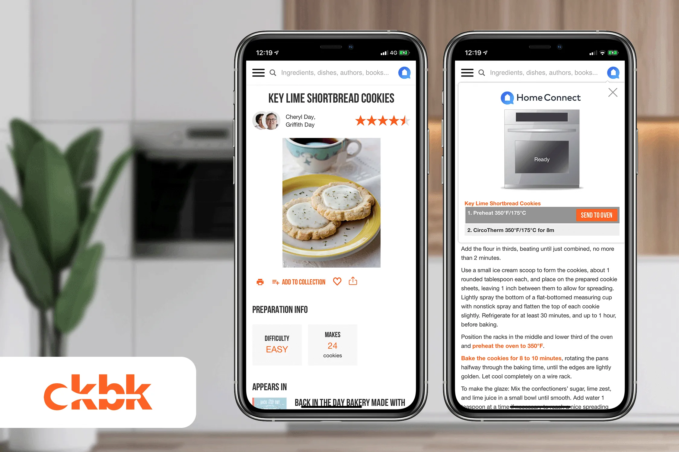 Two smartphones displaying a recipe for Key Lime Shortbread Cookies on a kitchen counter.