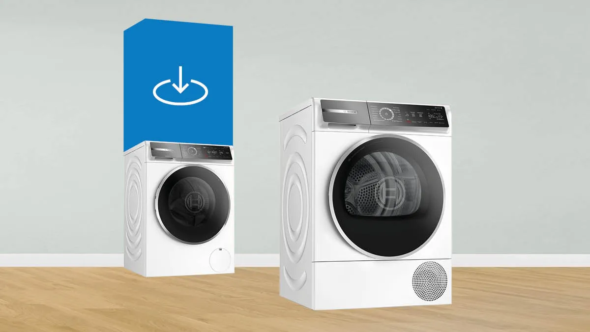 Un graphique montre un lave-linge et un sèche-linge de Bosch qui peuvent être superposés.