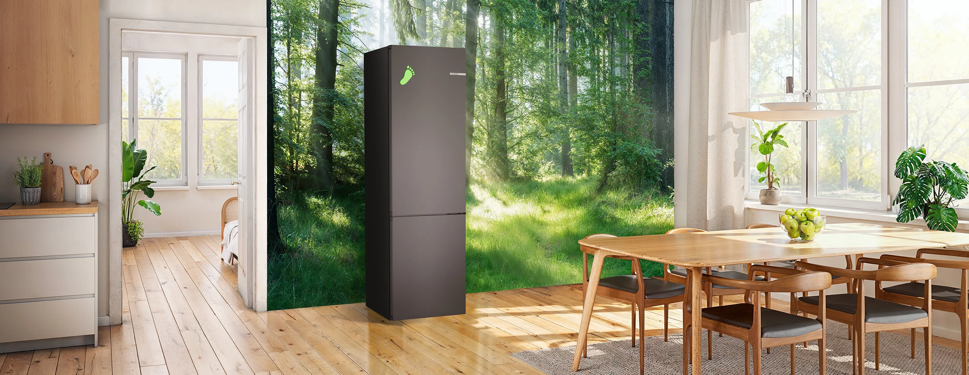 Lodówka Green Collection Bosch w kuchni z kielonymy ekologicznymi elementami dekoracyjnymi. 
