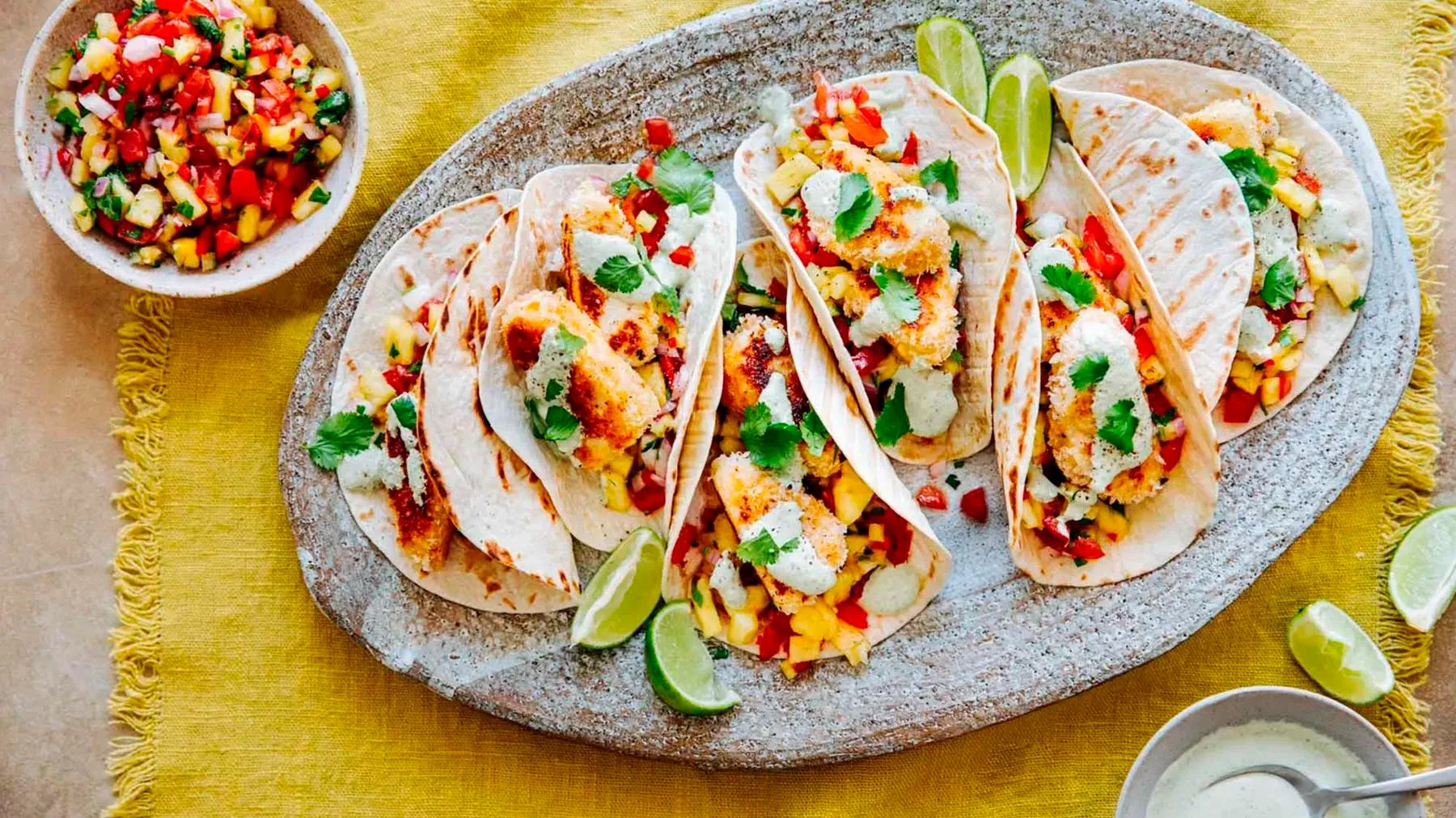 Fish Tacos with Pineapple Pico de Gallo and Yoghurt-Mint Sauce