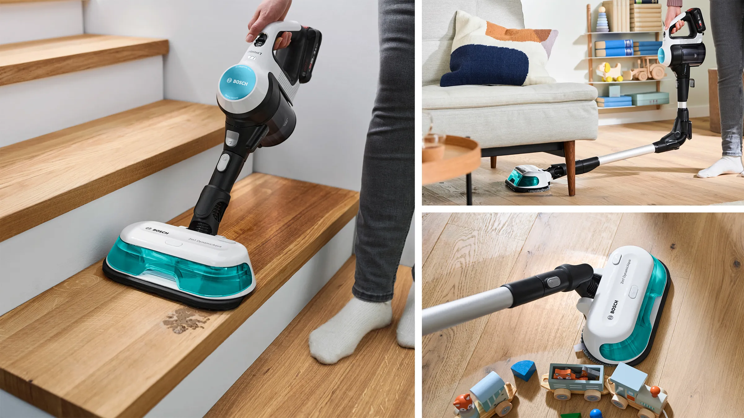 Una persona che utilizza un aspirapolvere senza fili su scale di legno, con un accogliente salotto e giocattoli sparsi sul pavimento sullo sfondo.